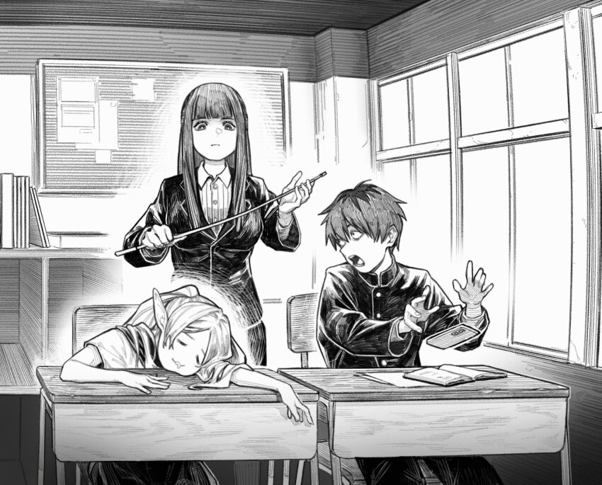 1boy 2girls :3 cellphone classroom closed_eyes desk fern_(sousou_no_frieren) frieren gakuran greyscale highres holding holding_phone indoors long_hair long_sleeves monochrome multiple_girls open_mouth phone pointy_ears school_uniform serafuku sleeping sleeping_on_desk smartphone smile sousou_no_frieren stark_(sousou_no_frieren) teacher teacher_and_student twintails zero808w