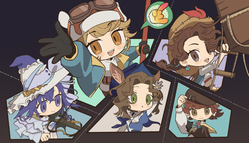 5girls :d :o \n/ absurdres adjusting_clothes adjusting_headwear animal_ears arm_behind_head arm_up beret black_gloves blue_dress blue_eyes blue_hair blue_hat blue_jacket blue_shirt bow bow_(music) bowtie braid brown_background brown_cloak brown_eyes brown_hair brown_hat chibi climbing_ladder cloak cowboy_hat deer_ears deer_girl desert_flannel dress earrings gloves goggles goggles_on_headwear green_eyes hand_on_headwear hat highres holding holding_bow_(music) holding_instrument holding_pole holding_violin instrument jacket jessica_(reverse:1999) jessica_(voyage_from_your_bed)_(reverse:1999) jewelry layered_sleeves long_hair long_sleeves looking_at_viewer mesmer_jr. midriff multiple_girls music official_alternate_costume open_mouth orange_eyes outstretched_arm playing_instrument pole regulus_(reverse:1999) reverse:1999 rope_ladder shirt short_hair short_over_long_sleeves short_sleeves single_braid smile speech_bubble spoken_hand sweater thiepriest upper_body violin voyager_(reverse:1999) white_bow white_bowtie white_shirt white_sweater witch_hat