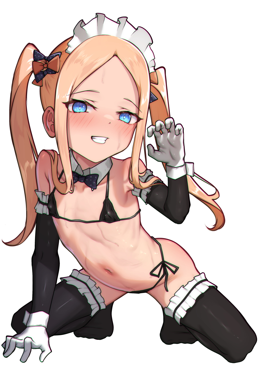 1girl abigail_williams_(fate) absurdres bare_shoulders bikini black_bikini black_bow black_thighhighs blonde_hair blue_eyes blush bow bowtie breasts collarbone covered_erect_nipples detached_collar elbow_gloves fate/grand_order fate_(series) forehead gloves grin hair_bow highres loli long_hair looking_at_viewer maid maid_bikini maid_headdress micro_bikini navel orange_bow parted_bangs shinonome_yuki sidelocks small_breasts smile solo sweat swimsuit thighhighs twintails unconventional_maid white_gloves wrist_cuffs