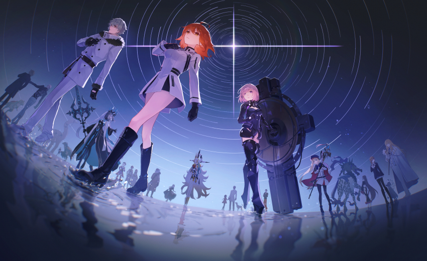 6+boys 6+girls absurdres adele_(fate) ahoge armor armored_legwear armored_leotard artoria_caster_(fate) artoria_caster_(second_ascension)_(fate) artoria_pendragon_(fate) asha_(fate) backless_outfit belt beryl_gut black_armor black_footwear black_gloves black_leotard black_thighhighs black_veil blonde_hair blue_cape blue_cloak boots cape capelet cloak crown daybit_sem_void dress eyepatch fate/grand_order fate_(series) fisheye fomnant from_below fujimaru_ritsuka_(female) fujimaru_ritsuka_(female)_(decisive_battle_chaldea_uniform) fur-trimmed_jacket fur_trim gerda_(fate) gloves gorget hair_over_one_eye highres holding holding_shield holding_staff horns huge_horns husband_and_wife jacket kadoc_zemlupus kirschtaria_wodime leotard long_hair long_horns makarios_(fate) marine_nemo_(fate) mash_kyrielight mash_kyrielight_(ortenaus) medium_hair miyamoto_musashi_(fate) miyamoto_musashi_(second_ascension)_(fate) morgan_le_fay_(fate) morgan_le_fay_(queen_of_winter)_(fate) multicolored_cape multicolored_capelet multiple_boys multiple_girls nemo_(fate) night night_sky olga_marie_animusphere ophelia_phamrsolone orange_eyes orange_hair pants patxi_(fate) ponytail purple_eyes purple_hair reflection reflective_water revision scandinavia_peperoncino sherlock_holmes_(fate) shield shirt short_hair sky splashing staff standing standing_on_liquid striped_bodysuit taur tepeu_(fate) thighhighs twintails u-olga_marie veil wakchan walking walking_on_liquid water white_dress white_hair white_jacket white_pants white_shirt xiang_yu_(fate) xquic_(fate) yu_mei-ren_(fate) yu_mei-ren_(third_ascension)_(fate)
