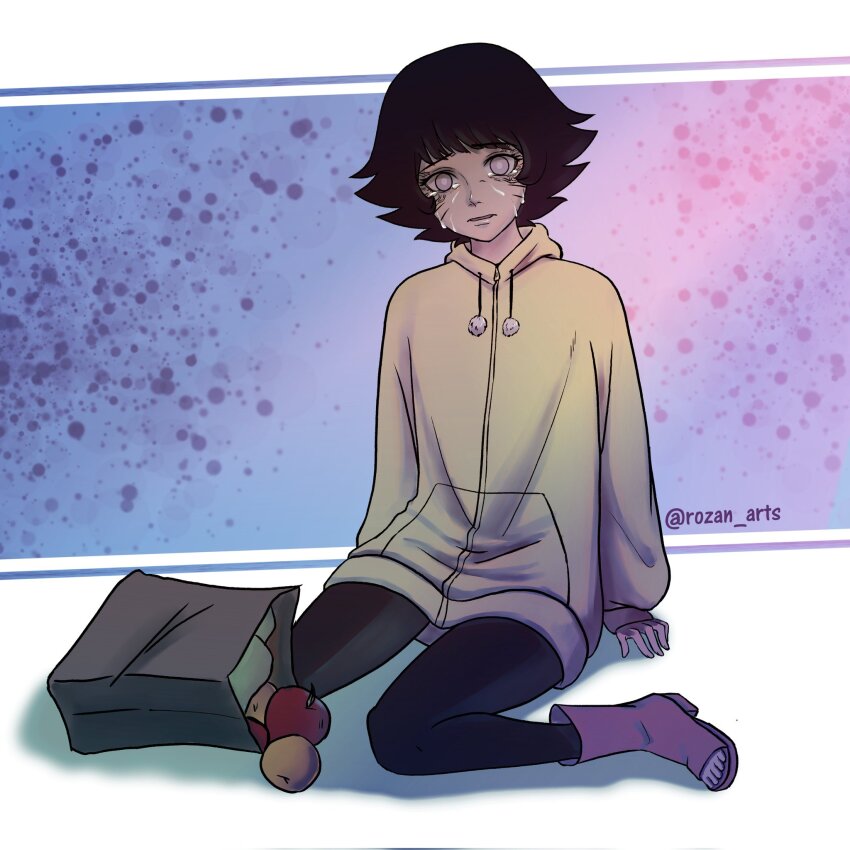 1girl alt_text bag black_hair black_pants boots boruto:_naruto_next_generations byakugan commentary crying english_commentary food fruit full_body grocery_bag highres hood hoodie naruto_(series) open-toe_boots pants paper_bag purple_boots purple_eyes rozan_arts shopping_bag short_hair sitting sleeves_past_wrists solo tears twitter_username uzumaki_himawari veiny_face wariza yellow_hoodie