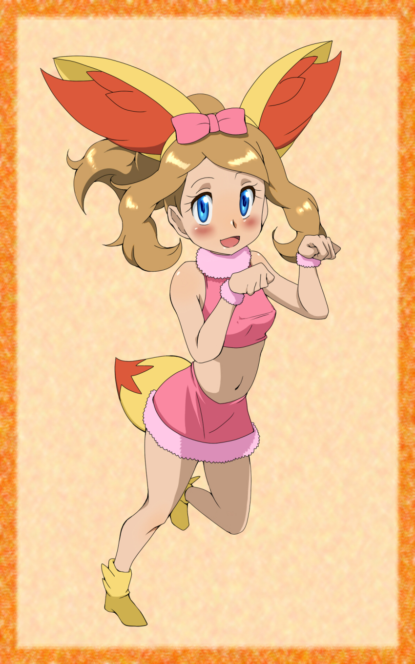 1girl alternate_costume animal_ears blonde_hair blue_eyes blush boots breasts cosplay covered_erect_nipples creatures_(company) eyelashes fake_animal_ears fake_tail fennekin fennekin_(cosplay) fox_ears fox_tail game_freak gen_6_pokemon hamu_(sanosano) highres long_hair navel nintendo open_mouth orange_background pink_ribbon pink_scrunchie pink_skirt pink_top pokemon pokemon_(anime) pokemon_xy_(anime) ribbon scrunchie serena_(pokemon) skirt small_breasts smile solo standing standing_on_one_leg tail wrist_scrunchie yellow_boots