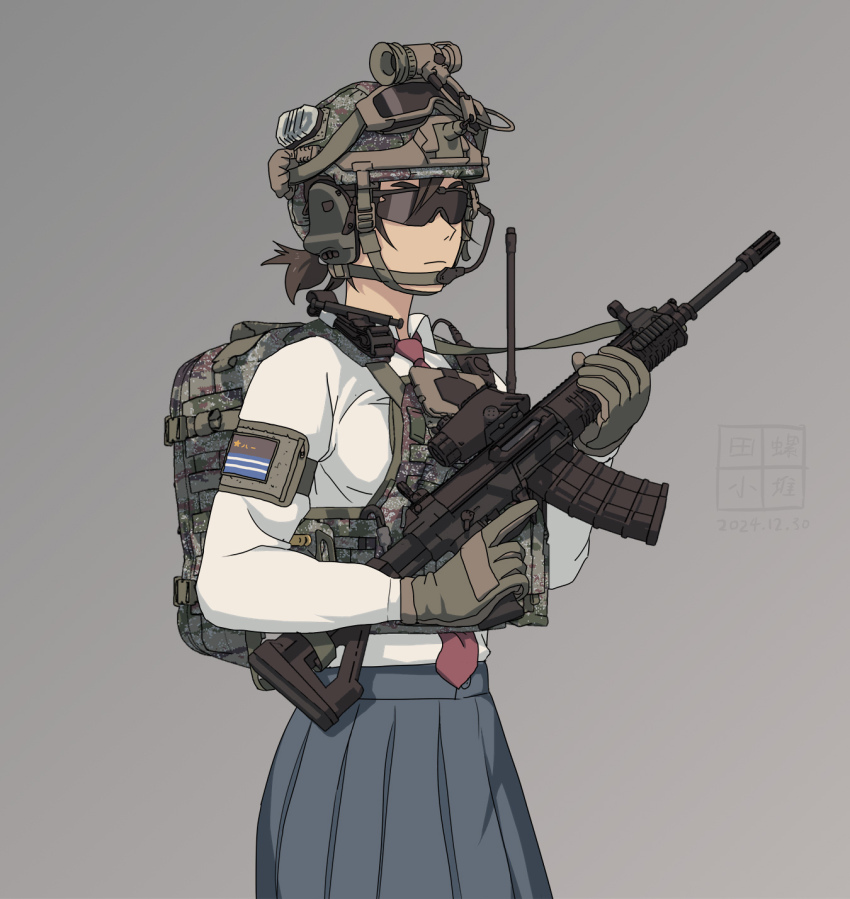 1girl assault_rifle bag blue_skirt brown_hair camouflage camouflage_bag camouflage_vest chin_strap collared_shirt combat_helmet dated digital_camouflage etmc1992 gloves grey_background gun headset helmet highres holding holding_gun holding_weapon load_bearing_vest necktie night_vision_device original patch people&#039;s_liberation_army people&#039;s_liberation_army_navy qbz-191 red_necktie rifle school_bag school_uniform shirt shoulder_patch signature simple_background skirt solo sunglasses weapon white_shirt
