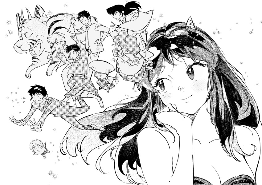 atie1225 bikini black_hair blonde_hair blush character_request child cone_horns greyscale hand_fan head_rest highres horns japanese_clothes kimono long_hair looking_to_the_side lum mendou_shuutarou monochrome monster moroboshi_ataru open_mouth school_uniform short_hair single_tooth smile socks swimsuit ten_(urusei_yatsura) transparent_background urusei_yatsura white_socks