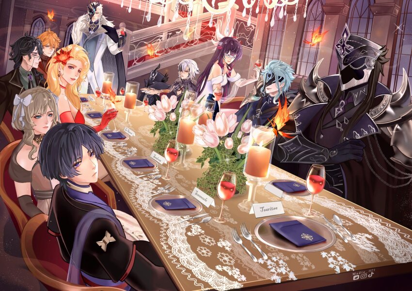 4girls 6+boys arlecchino_(genshin_impact) black_hair blonde_hair blue_eyes blue_hair blunt_ends capitano_(genshin_impact) closed_eyes coat columbina_(genshin_impact) crimson_lotus_moth_(genshin_impact) dinner dottore_(genshin_impact) envelope genshin_impact glasses hair_between_eyes highres instagram_logo long_hair madie_h21 multicolored_hair multiple_boys multiple_girls orange_hair pantalone_(genshin_impact) pierro_(genshin_impact) pulcinella_(genshin_impact) purple_eyes purple_hair sandrone_(genshin_impact) scaramouche_(genshin_impact) short_hair short_hair_with_long_locks signora_(genshin_impact) smile stairs streaked_hair table tartaglia_(genshin_impact) tiktok_logo twitter_logo two-tone_hair white_hair