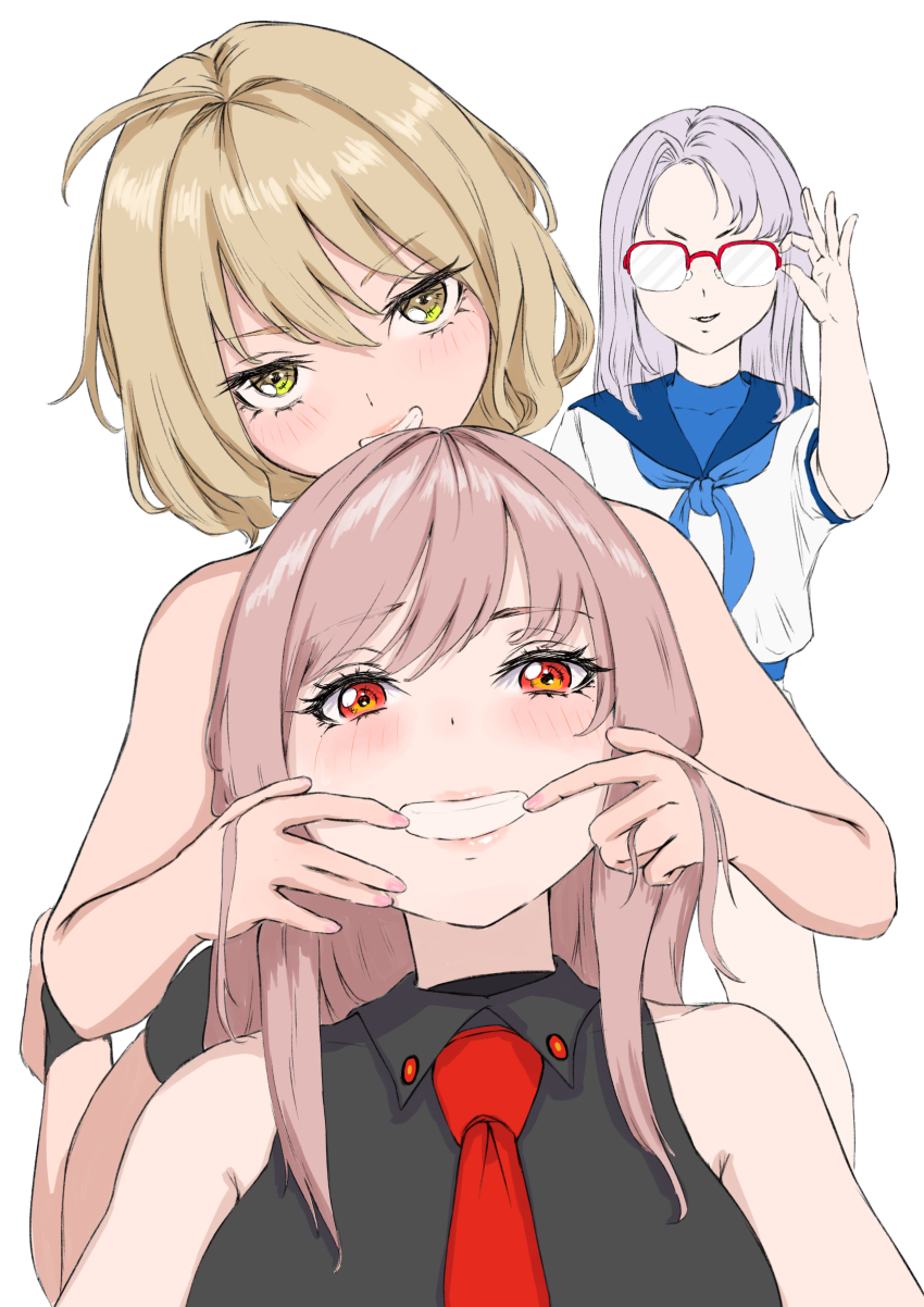 3girls absurdres ahoge anis_(nikke) blush breasts brown_hair cheek_pull collared_leotard counters_(nikke) fingersmile forced_smile glasses goddess_of_victory:_nikke grey_hair hands_on_another&#039;s_face highres jacket large_breasts long_hair looking_at_viewer mouth_pull multiple_girls necktie neon_(nikke) no_headwear ramuneogura rapi_(nikke) red_eyes shirt short_hair leotard smile swimsuit
