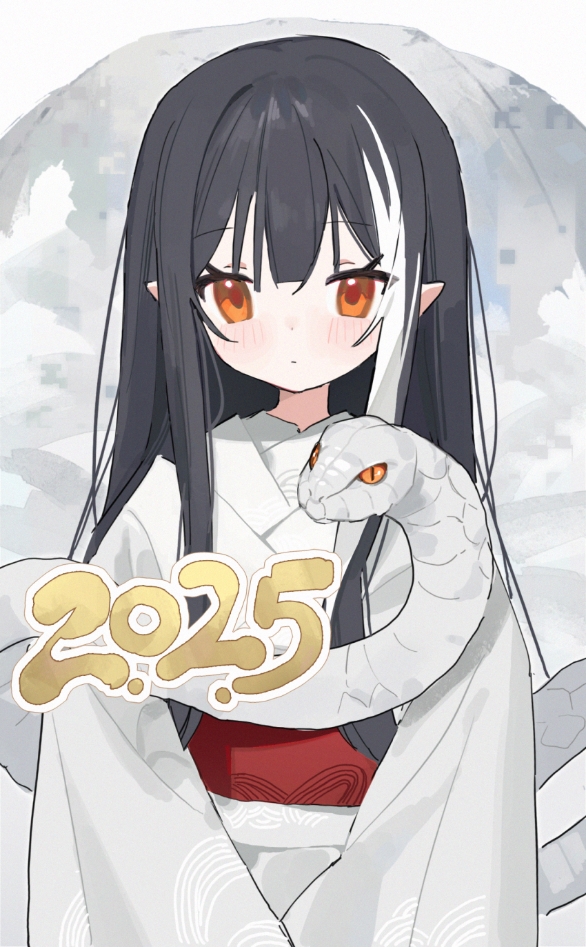 1girl 2025 black_hair blush chinese_zodiac closed_mouth colored_sclera commentary_request hair_between_eyes highres japanese_clothes kimono long_hair looking_at_viewer measho multicolored_hair nengajou new_year orange_eyes orange_sclera original pointy_ears sash snake upper_body white_hair white_snake year_of_the_snake