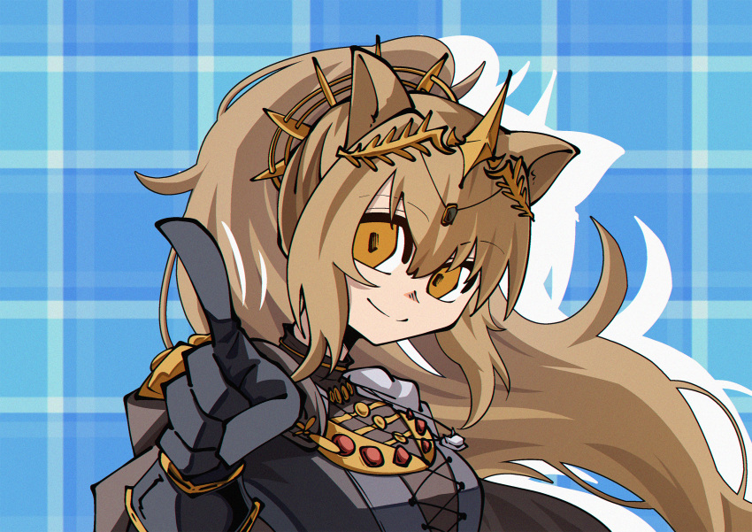 1girl animal_ears arknights artoria_pendragon_(fate) cape carnival_phantasm crown dryegen hair_ornament highres hood hooded_coat jewelry kawasumi_ayako light_brown_hair lion_ears lion_girl long_hair necklace orange_eyes pointing ponytail saber_(fate) scene_reference siege_(arknights) smile solo super_affection vina_victoria_(arknights) voice_actor_connection