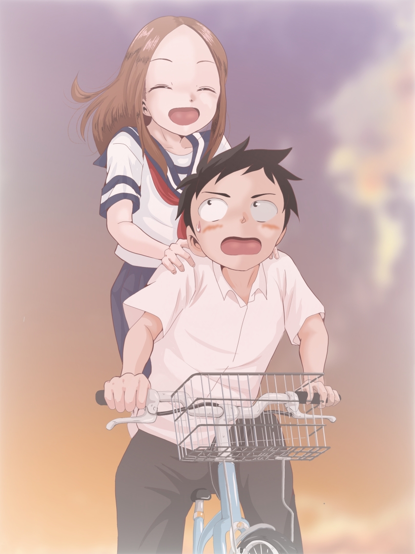 1boy 1girl absurdres bicycle blush brown_hair closed_eyes forehead hand_on_another&#039;s_shoulder hatomugi_(user_datj4345) highres karakai_jouzu_no_takagi-san large_forehead long_bangs long_hair looking_back neckerchief nishikata open_mouth parted_bangs red_neckerchief sailor_collar school_uniform serafuku smile surprised sweatdrop takagi-san takagi_(tansuke)