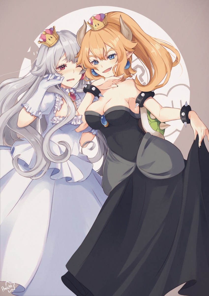 2girls armlet artist_name asagawa_mikan_(peachy_michi) bare_shoulders between_breasts black_dress black_nails blonde_hair blue_brooch bowsette bracelet breasts brooch cleavage collar crown dress gloves highres horns jewelry long_hair looking_at_viewer luigi&#039;s_mansion mario_(series) medium_breasts mini_crown multiple_girls nail_polish new_super_mario_bros._u_deluxe nintendo ojou-sama_pose one_eye_closed ponytail princess_king_boo puffy_short_sleeves puffy_sleeves red_eyes short_hair short_sleeves spiked_armlet spiked_bracelet spiked_collar spikes super_crown white_gloves