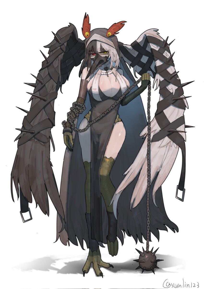 1girl alternate_costume animal_feet bird_legs black_hair black_souls black_souls_2 breasts chain cleavage feathered_wings half-harpy heterochromia highres hip_vent jubjub_(black_souls) large_breasts mace monster_girl multicolored_hair multicolored_wings nun plague_doctor_mask red_eyes split-color_hair talons weapon white_hair wings xun_lin_(pixiv_93392103) yellow_eyes