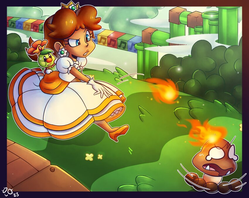 1girl 2others beamed_eighth_notes blue_eyes brown_hair bush crown dress earrings fire fire_daisy flower_earrings gloves goomba grass high_heels highres jewelry marimba_block mario_(series) multiple_others musical_note nintendo power-up prince prince_florian princess_daisy puffy_short_sleeves puffy_sleeves running serious short_sleeves super_mario_bros._wonder sweat tears tomboy warp_pipe white_dress