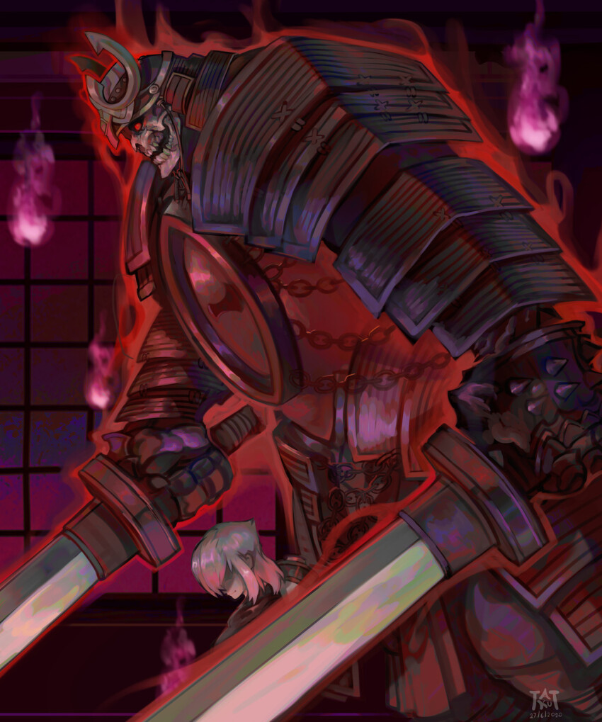 2boys armor aura breastplate chain commentary dark_aura dual_wielding english_commentary faulds gauntlets ghost helmet highres hitodama holding incantation_samurai indoors japanese_armor kabuto_(helmet) kote kurokote male_focus multiple_boys open_mouth ragnarok_online samurai short_hair shouji skeleton sliding_doors sword tung-6458 undead upper_body weapon white_hair