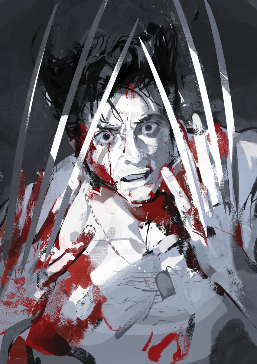 1boy absurdres blood blood_on_clothes blood_on_face blood_on_hands claw_(weapon) collarbone facial_hair greyscale highres jewelry male_focus marvel monochrome muscular muscular_male necklace open_mouth partially_colored short_hair simple_background solo teeth tobu_(bilibil) topless_male upper_body weapon wolverine_(x-men) x-men