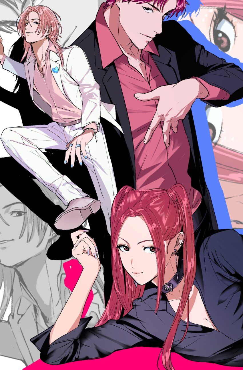 1girl 2boys abby_(kpop_demon_hunters) alternate_costume amikoiiko bead_bracelet beads black_eyes black_shirt blue_nails bracelet breasts brown_eyes charm_(object) choker cleavage closed_mouth collarbone collared_shirt commentary dress_shirt drop_shadow ear_piercing earrings english_commentary feather_earrings feathers fingernails foot_out_of_frame formal_clothes glitter half_updo heart_ornament highres index_ring jewelry kpop_demon_hunters lapels light_smile long_fingernails long_hair long_sleeves looking_at_viewer medium_hair mira_(kpop_demon_hunters) mismatched_eyebrows multicolored_nails multiple_boys multiple_piercings multiple_rings nail_polish notched_lapels piercing pink_hair pink_lips pink_nails pink_shirt pleated_pants polyamory ring romance_(kpop_demon_hunters) shirt short_hair sternocleidomastoid_muscle suit twintails upper_body very_long_fingernails white_suit zoom_layer