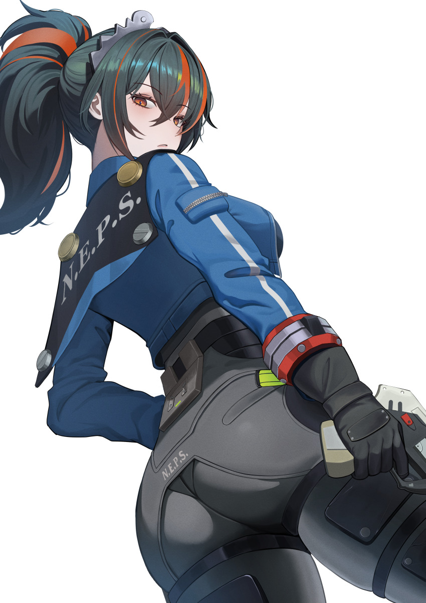 1girl absurdres ahab_(kced) ass black_hair black_pants blue_jacket breasts closed_mouth commentary from_behind gun hair_between_eyes hair_intakes handgun high-waist_pants highres holding holding_gun holding_weapon jacket large_breasts long_hair looking_at_viewer multicolored_hair orange_eyes pants police police_uniform policewoman ponytail sidelocks simple_background solo streaked_hair tight_clothes tight_pants weapon white_background zenless_zone_zero zhu_yuan