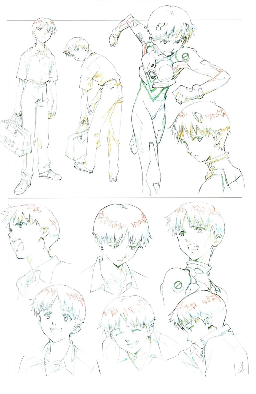 1boy evangelion:_2.0_you_can_(not)_advance gainax highres ikari_shinji interface_headset_(evangelion) male_focus mecha_pilot_suit multiple_expressions neon_genesis_evangelion official_art plugsuit_(evangelion) production_art rebuild_of_evangelion reference_sheet running sadamoto_yoshiyuki scan shirt short_hair studio_khara