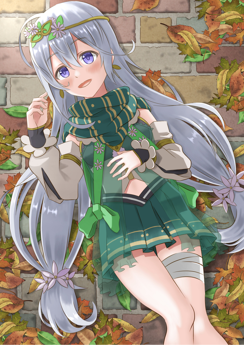 1girl aoba_chika autumn_leaves flower flower_ornament hair_flower hair_ornament highres leaf long_hair magia_record:_mahou_shoujo_madoka_magica_gaiden magical_girl mahou_shoujo_madoka_magica pleated_skirt purple_eyes ruruki scarf skirt smile white_hair