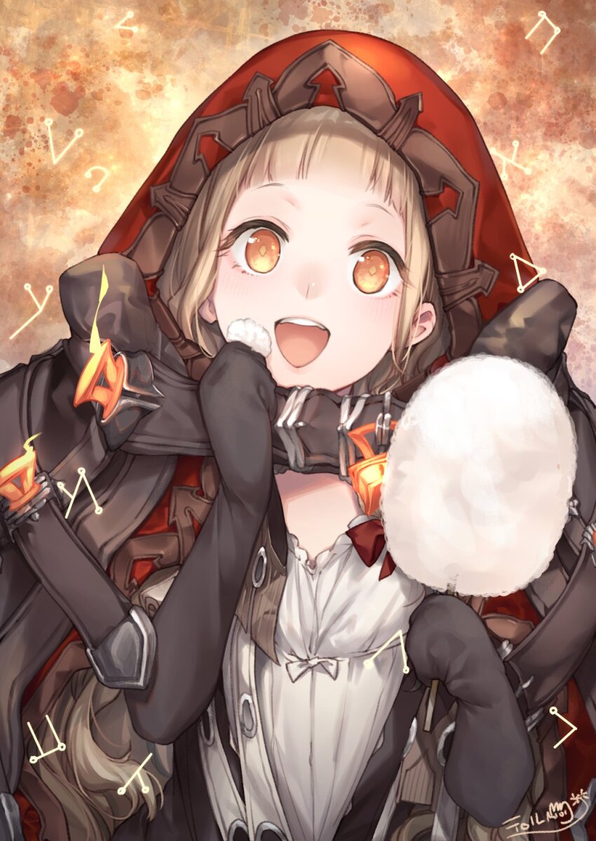 1girl bad_id bad_twitter_id blonde_hair blunt_bangs blush buckle commission cotton_candy eating food happy highres holding holding_cotton_candy holding_food hood hood_up lock long_hair long_sleeves looking_at_viewer orange_eyes red_riding_hood_(sinoalice) ribbon sidelocks sinoalice skeb_commission solo teroru wavy_hair