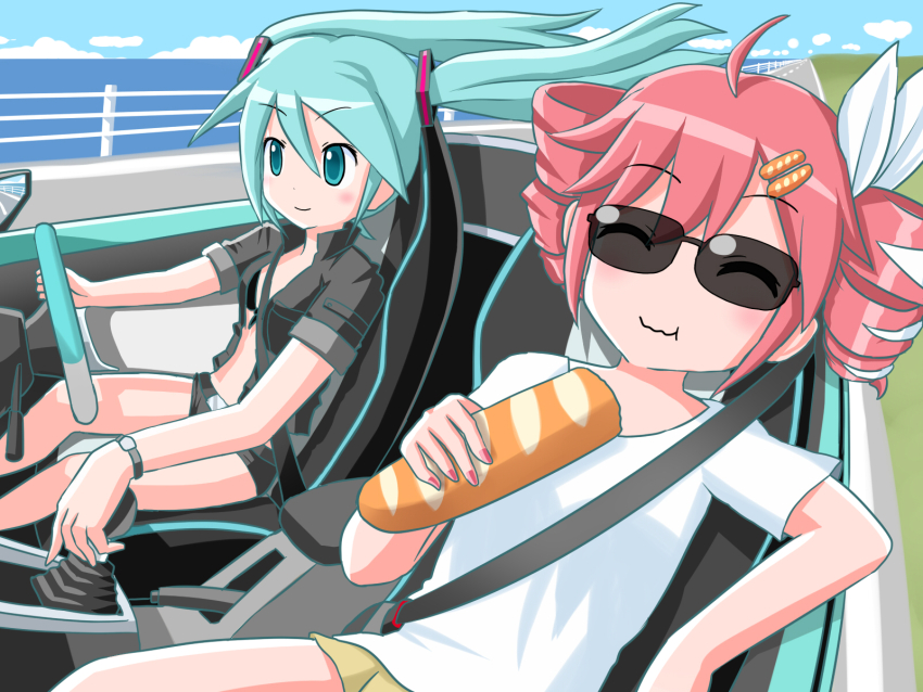 2girls :3 ahoge aqua_eyes aqua_hair baguette bikini bikini_top_only black_bikini black_jacket black_shorts blush_stickers bow bread bread_hair_ornament car car_interior closed_eyes convertible drill_hair driving eating floating_hair food food-themed_hair_ornament gear_shift hair_bow hair_ornament hairclip handbrake hashtag-only_commentary hatsune_miku highres holding holding_food horizon jacket kasane_teto kasane_teto_(sv) liar_dancer_(synthesizer_v) motor_vehicle multiple_girls naccha_(nawacchi) ocean open_clothes open_jacket railing red_hair red_nails road shirt short_shorts shorts side-view_mirror sitting smile steering_wheel sunglasses swimsuit synthesizer_v twin_drills twintails utau vocaloid white_bow white_shirt wind yellow_shorts