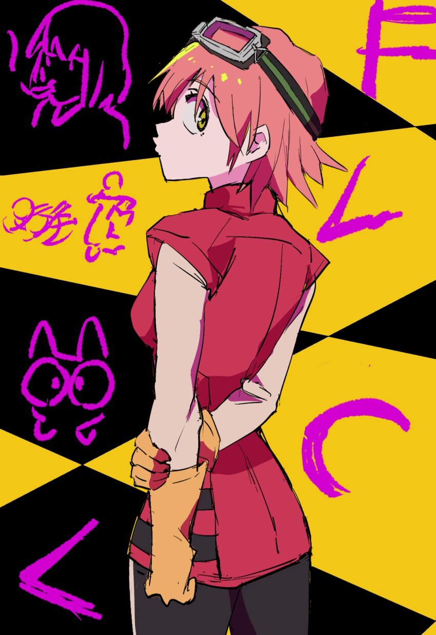 1girl breasts cat cigarette flcl gloves goggles green_eyes haruhara_haruko highres medium_breasts motor_vehicle myomyon123 pink_hair samejima_mamimi scooter short_hair smoking solo takkun_(flcl) vespa yellow_gloves