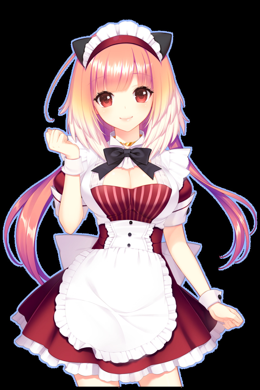1girl apron breasts dress hand_up highres long_hair looking_at_viewer maid maid_apron maid_headdress medium_breasts official_art pink_hair red_dress red_eyes selena_(soccer_spirits) shirahane_nao smile soccer_spirits transparent_background