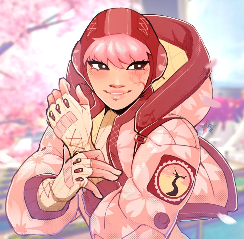1girl absurdres alternate_color apex_legends black_eyes blurry blurry_background bodysuit bright_pupils cherry_blossoms facial_scar highres hood hooded_jacket jacket lichtenberg_figure lila_(lilakeylk) olympus_(apex_legends) parted_lips pink_bodysuit pink_hair pink_headwear pink_jacket pink_theme ribbed_bodysuit scar scar_on_cheek scar_on_face smile solo wattson_(apex_legends) white_pupils