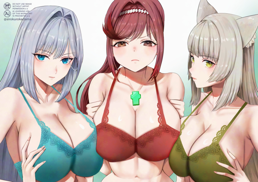 3girls alternate_breast_size animal_ear_fluff animal_ears asymmetrical_docking bare_shoulders blue_bra blue_eyes bra breast_press breasts breasts_squeezed_together cat_ears chest_jewel cleavage closed_mouth collarbone commission core_crystal_(xenoblade) ethel_(xenoblade) expressionless frown glimmer_(xenoblade) green_bra green_eyes grey_hair hair_intakes hairband high_ponytail highres large_breasts long_hair looking_at_viewer m_(xenoblade) multiple_girls ponytail red_bra red_hair simple_background skeb_commission swept_bangs underwear xenoblade_chronicles_(series) xenoblade_chronicles_3 xenoblade_chronicles_3:_future_redeemed yamamori_kinako