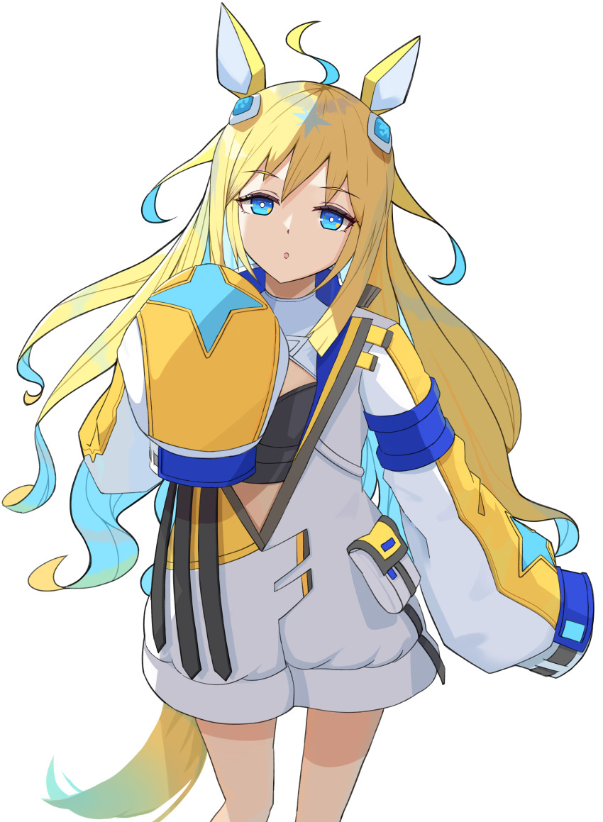 1girl absurdres ahoge animal_ears blonde_hair blue_eyes blush breasts closed_mouth commentary_request hair_between_eyes hair_ornament highres horse_ears horse_girl horse_tail jacket long_sleeves looking_at_viewer madori_(madori151) multicolored_hair neo_universe_(umamusume) shadow simple_background small_breasts tail two-tone_hair umamusume white_background