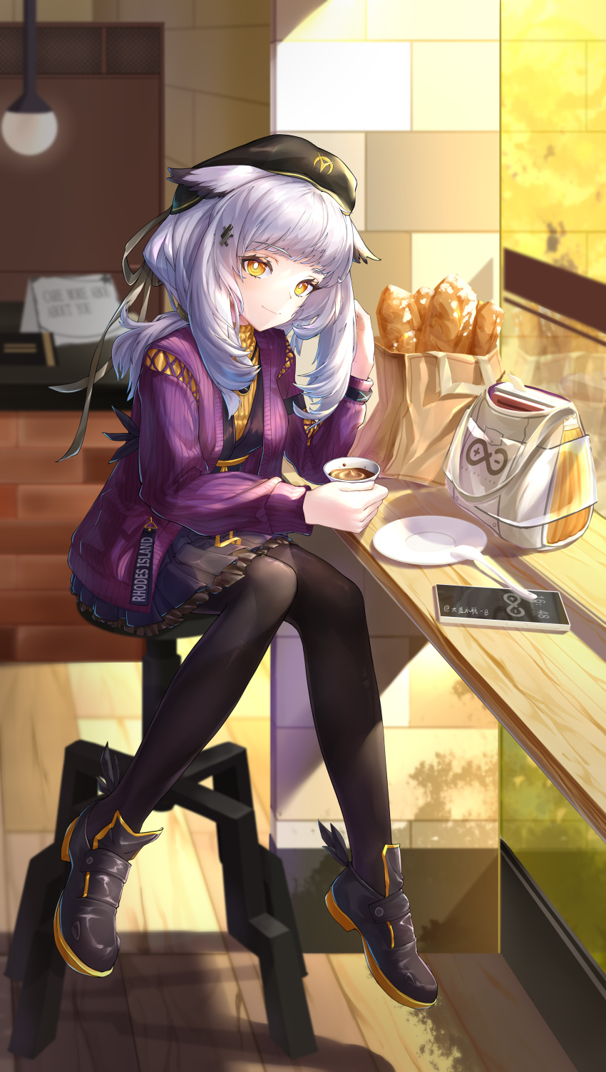 1girl absurdres animal_ears arknights armband bag baguette black_dress black_footwear black_hat black_pantyhose bread cardigan clock_necklace coffee commentary commentary_request cup dress english_commentary feather_hair food hair_ornament hat hat_ribbon highres holding holding_cup indoors infection_monitor_(arknights) jacket ji_bu_qing_ziji-bottle long_hair long_sleeves looking_at_viewer mixed-language_commentary official_alternate_costume open_clothes orange_eyes owl_girl pantyhose ponytail ptilopsis_(arknights) ptilopsis_(serenity)_(arknights) purple_cardigan purple_jacket rhine_lab_logo ribbon sitting solo stool sweater turtleneck white_hair