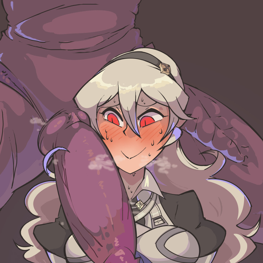 1boy 1girl absurdres armor blush breasts commission commissioner_upload corrin_(female)_(fire_emblem) davewaterfalls dragon fire_emblem fire_emblem_fates hairband heavy_breathing highres imminent_penetration interspecies large_penis long_hair looking_at_penis metroid nervous nintendo penis penis_awe penis_on_shoulder red_eyes ridley size_difference slit_pupils super_smash_bros. sweat very_long_hair