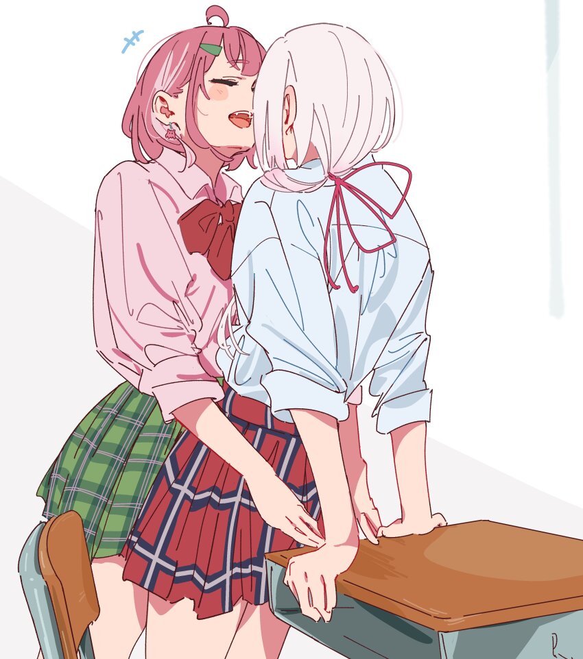 2girls absurdres arms_behind_back atenaba desk highres multiple_girls nijisanji pink_hair sasaki_saku school_uniform shiina_yuika skirt virtual_youtuber white_background yuri