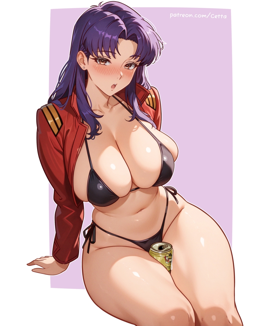 1girl :o absurdres alternate_breast_size arm_support between_thighs bikini black_bikini blue_background blue_hair blush breasts brown_eyes can collarbone commentary curvy drink_can earrings hair_intakes highres jacket jewelry katsuragi_misato large_breasts long_hair long_sleeves looking_at_viewer navel neon_genesis_evangelion nose_blush open_clothes open_jacket open_mouth red_jacket reus_(cetta) shiny_skin side-tie_bikini_bottom simple_background sitting skindentation solo stomach stud_earrings swimsuit thighs thong thong_bikini watermark web_address white_background wide_hips