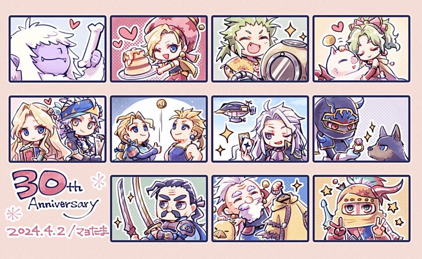 3girls 6+boys aircraft airship anniversary armor beard black_hair black_jacket blonde_hair blue_eyes blue_shirt bone book brothers brown_eyes cape card celes_chere chibi chocobo closed_eyes colored_skin creature cyan_garamonde dated dog double_v dual_wielding edgar_roni_figaro facial_hair fang fangs fangs_out final_fantasy final_fantasy_vi gau gogo green_hair grey_hair hair_ornament hair_over_eyes hair_ribbon hat headscarf heart highres holding holding_bone holding_book holding_card holding_jewelry holding_map holding_ring holding_sword holding_weapon horns interceptor_(ff6) jacket jewelry locke_cole low_ponytail map moogle multi-tied_hair multiple_boys multiple_girls mustache one_eye_closed open_mouth pan_ff6 parted_bangs pink_hat pink_ribbon ponytail purple_skin red_sleeves relm_arrowny ribbon ring sabin_rene_figaro scar scar_across_eye scar_on_face setzer_gabbiani shadow_(ff6) shirt siblings sidelocks single_horn smile sparkle strago_magus sword tina_branford twins umaro v wavy_hair weapon white_hair yellow_cape yeti_(creature)