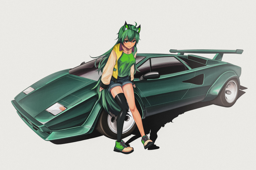 1girl absurdres ahoge animal_ear_fluff animal_ears black_shorts black_thighhighs bokuya car closed_mouth commission green_car green_eyes green_hair green_shirt green_shoes green_theme hat highres jacket jewelry lamborghini lamborghini_countach long_hair long_sleeves looking_at_viewer motor_vehicle multicolored_jacket open_clothes open_jacket original pendant shadow shirt shoes shorts single_thighhigh skeb_commission smile sneakers solo sports_car standing thighhighs vehicle_focus