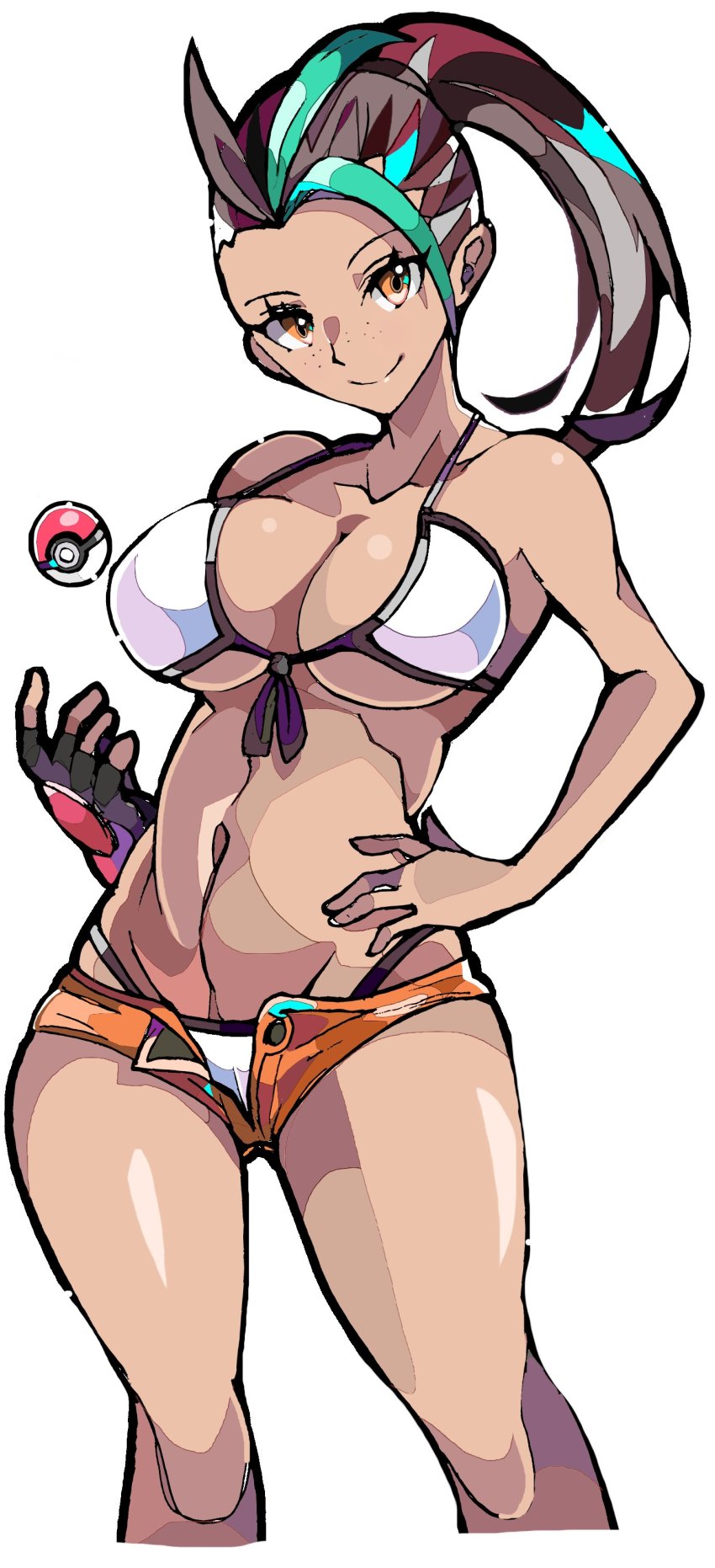 1girl absurdres ahoge armpits bare_shoulders bikini bikini_under_clothes breasts cleavage collarbone colored_bangs dark-skinned_female dark_skin enpe feet_out_of_frame freckles front-tie_bra gauntlets high_ponytail highres large_breasts looking_at_viewer midriff navel nemona_(pokemon) nintendo open_clothes open_shorts orange_eyes orange_shorts poke_ball poke_ball_(basic) pokemon pokemon_sv ponytail shorts stomach swimsuit thick_thighs thigh_gap thighs thong_bikini throwing throwing_poke_ball white_bikini wide_hips