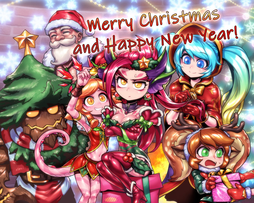 2boys 4girls alternate_costume beard blonde_hair blue_eyes blue_hair box braum_(league_of_legends) breasts character_request christmas cleavage colored_skin commentary decorating elbow_gloves english_commentary facial_hair facial_mark fang festive_maokai gift gift_box gloves gradient_hair grin hair_ornament happy_new_year height_difference highres league_of_legends lizard_tail long_hair maokai medium_breasts merry_christmas mittens multicolored_hair multiple_boys multiple_girls neeko_(league_of_legends) new_year orange_hair out_of_frame phantom_ix_row pink_skin poppy_(league_of_legends) red_gloves red_hood reptile_girl santa_braum santa_claus santa_costume silent_night_sona sitting slit_pupils small_breasts smile snow_fawn_poppy sona_(league_of_legends) star_(symbol) star_hair_ornament sweatdrop tail thick_eyebrows twintails winter_wonder_neeko yordle zyra