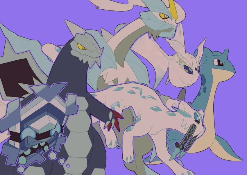 baxcalibur black_eyes bug chien-pao claws closed_mouth colored_sclera cryogonal frosmoth gen_1_pokemon gen_5_pokemon gen_8_pokemon highres kyurem lapras legendary_pokemon nintendo no_humans pokemon pokemon_(creature) purple_background simple_background tusks v_(govvvvw) white_kyurem wings yellow_sclera