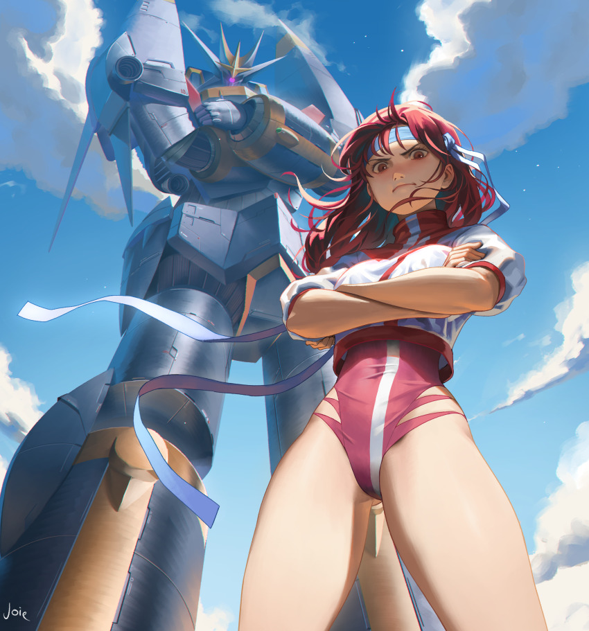1girl absurdres artist_name blue_headband blue_sky brown_eyes crossed_arms day from_below gunbuster gunbuster_pose headband highres joie leotard looking_at_viewer looking_down mecha pink_leotard red_hair robot signature sky takaya_noriko top_wo_nerae! top_wo_nerae!_(series)