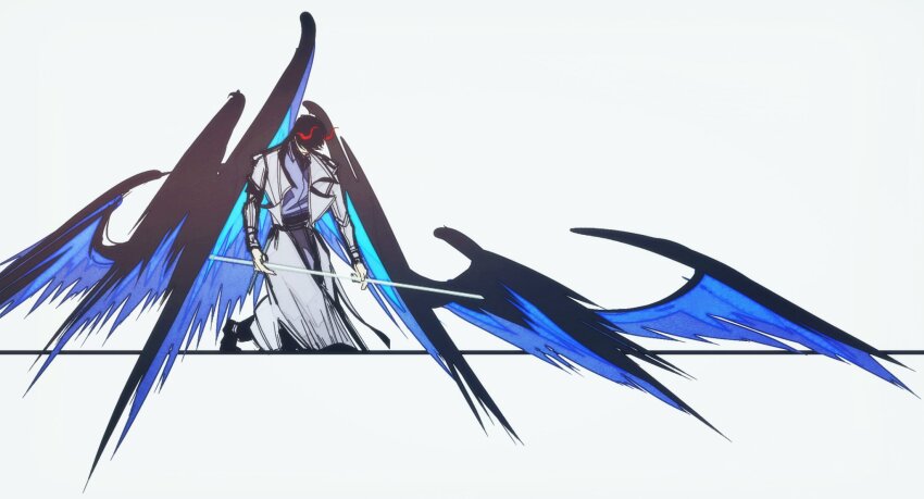 1boy black_hair coat collared_shirt demon_horns feathered_wings full_body grey_shirt head_down highres holding holding_staff horaceswarcsal horns kim_dokja kneeling male_focus multiple_wings omniscient_reader&#039;s_viewpoint open_clothes open_coat shirt short_hair solo staff two-tone_wings white_coat wings