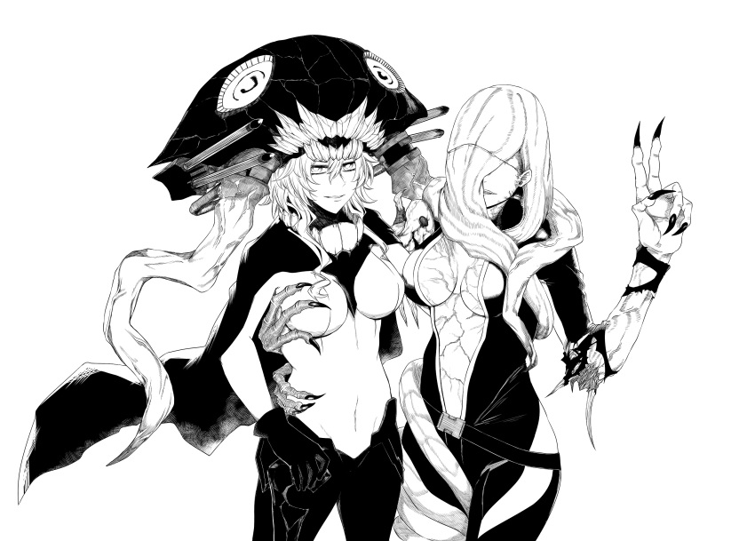 2girls abyssal_ship black_gloves cane cape claws commission crossover gloves greyscale hat headgear highres kantai_collection monochrome monster_girl multiple_girls pants rachael_foley reizo_ne resident_evil resident_evil:_revelations tentacles torn_clothes veins wo-class_aircraft_carrier