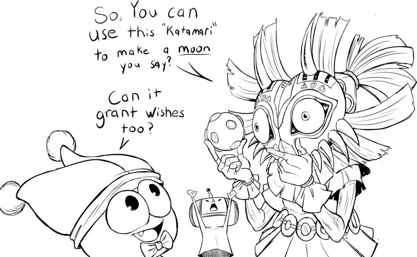 bow bowtie hand_on_chin hat highres jester_cap katamari katamari_damacy kirby_(series) marx_(kirby) nintendo sketch skull_kid speech_bubble straw_hat teevo the_legend_of_zelda the_legend_of_zelda:_majora&#039;s_mask the_prince_(katamari_damacy)