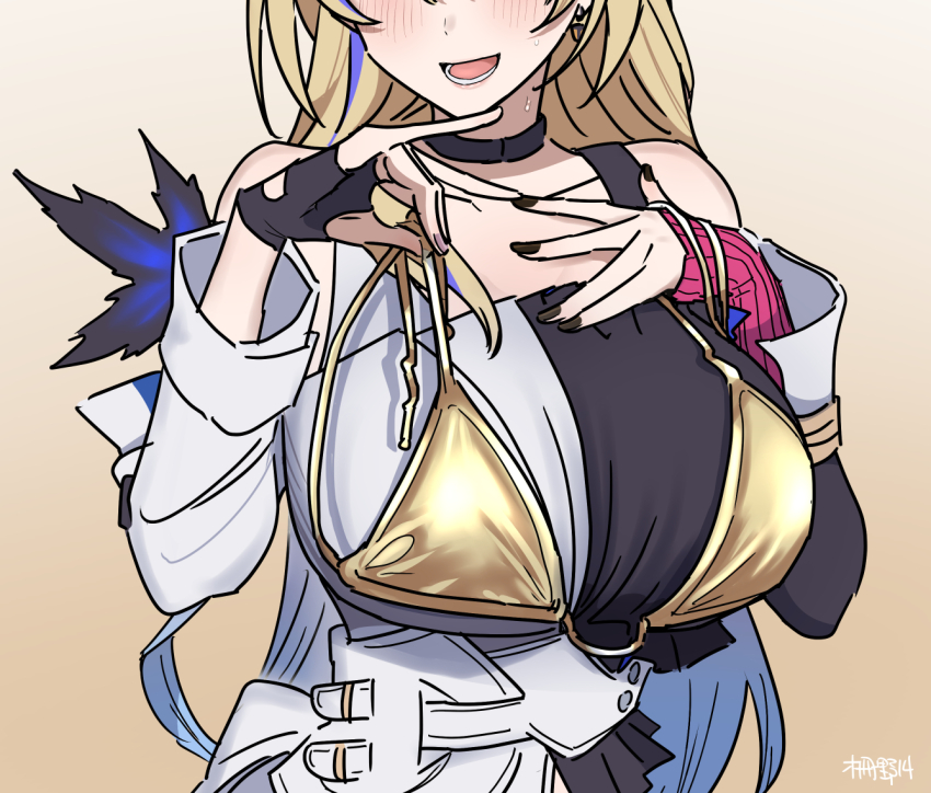 1girl artist_name bikini bikini_over_clothes black_nails blonde_hair blush breasts choker collarbone earrings fingerless_gloves gloves gold_bikini honkai:_star_rail honkai_(series) jewelry long_sleeves lower_teeth_only multicolored_hair open_mouth saku_no_14 serval simple_background streaked_hair swimsuit teeth upper_body