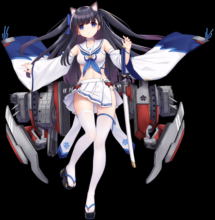 1girl allenes animal_ear_fluff animal_ears azur_lane bare_shoulders black_hair blue_eyes bow breasts cat_ears choker crop_top detached_sleeves female_focus floating_hair full_body hair_bow hatsuharu_(azur_lane) hatsuharu_(retrofit)_(azur_lane) highres katana long_hair long_sleeves looking_at_viewer machinery medium_breasts midriff miniskirt navel neckerchief official_art outstretched_arm panties panty_peek platform_sandals pleated_skirt retrofit_(azur_lane) sailor_collar sandals sheath sheathed ship_turret shirt side_slit skindentation skirt solo sword thighhighs transparent_background two_side_up underwear weapon white_panties white_sailor_collar white_shirt white_skirt white_thighhighs wide_sleeves zouri