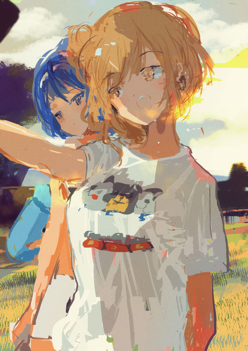 2girls absurdres alternate_costume arm_at_side behind_another blue_eyes blue_hair bottle breasts brown_eyes brown_hair cevio cloud cloudy_sky commentary_request day field hair_bun highres holding holding_bottle kabuyama_kaigi large_breasts long_hair looking_to_the_side midriff multiple_girls nature open_mouth outdoors outstretched_arm print_shirt satou_sasara shirt short_hair short_shorts short_sleeves shorts side_ponytail single_side_bun sky smile standing suzuki_tsudumi t-shirt upper_body water_bottle white_shirt white_shorts