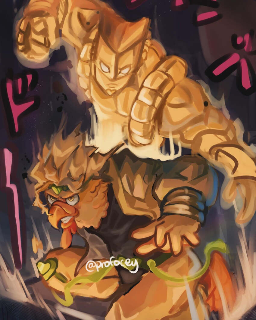1boy beak bird black_shirt blonde_hair chicken_boy cosplay dio_brando dio_brando_(cosplay) ernie_the_giant_chicken family_guy grin highres jacket jojo_no_kimyou_na_bouken male_focus panties profocey shirt smile stand_(jojo) stardust_crusaders teeth the_world the_world_(cosplay) underwear yellow_eyes yellow_jacket yellow_panties