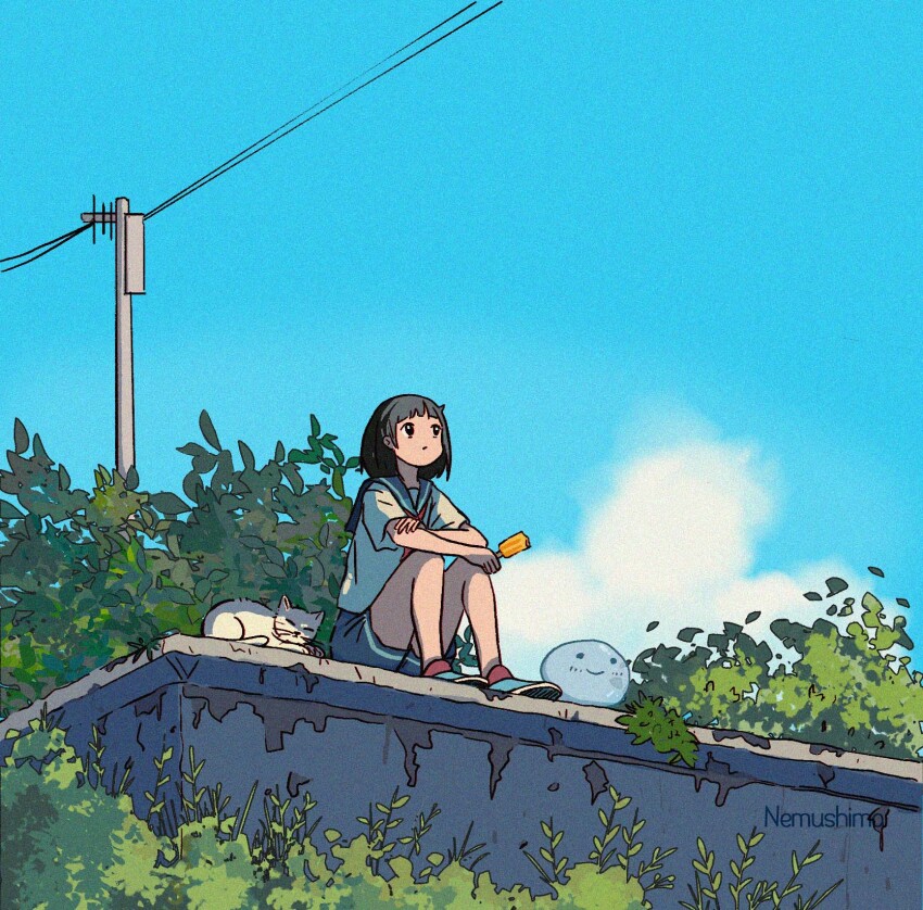 1girl arm_on_knee artist_name black_eyes blue_sailor_collar blue_shorts blue_sky bright_pupils brown_hair bush cat closed_mouth cloud commentary_request concrete day expressionless film_grain food hand_on_own_arm highres holding holding_food holding_popsicle knees_up looking_up neckerchief nemushima no_nose no_socks orange_neckerchief original outdoors overgrown popsicle power_lines sailor_collar scenery school_uniform shirt shoes short_hair short_sleeves shorts sitting sky slime_(creature) solo summer summer_uniform tree utility_pole white_cat white_pupils white_shirt wide_shot