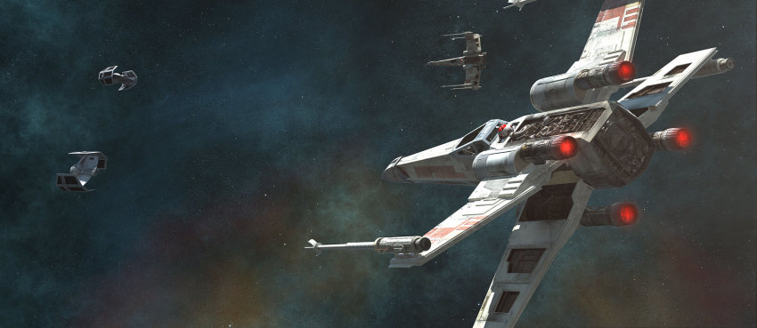 aerial_battle astromech_droid battle dogfight energy_cannon graham_t.g. highres realistic robot science_fiction space spacecraft star_(sky) star_(symbol) star_wars starfighter starry_background t-65_x-wing tie_advanced_x1 tie_bomber x-wing