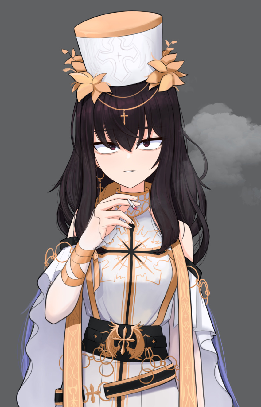 1girl arm_ribbon bare_shoulders bebetang belt black_belt brown_eyes brown_hair cape cigarette commentary cross cross_fitchy cross_patonce dress dungeon_and_fighter earrings elbow_gloves facing_viewer female_crusader_(dungeon_and_fighter) female_priest_(dungeon_and_fighter) gloves gold_ribbon gold_stole gold_trim greek_cross grey_background hat high_collar highres jewelry latin_cross laurel_crown long_hair looking_up military military_uniform mitre o-ring parted_lips pendant ribbon sanpaku sidelocks simple_background sleeveless sleeveless_dress smoking solo stole white_cape white_dress white_gloves white_hat wings
