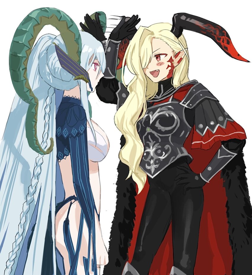 2girls :d afterimage armor ass asymmetrical_bangs black_bodysuit black_horns blonde_hair blue_hair bodysuit braid breastplate breasts cape cherroppi closed_mouth contrapposto cowboy_shot curled_horns expressionless eye_contact facial_mark fang fate/grand_order fate_(series) fur-trimmed_cape fur_trim green_horns hair_over_one_eye hair_over_shoulder hand_on_own_hip height_difference highres horns large_breasts large_horns larva_tiamat_(fate) tiamat_(third_ascension)_(fate/grand_order) long_hair long_horns looking_at_another multicolored_horns multiple_girls nero_claudius_(fate) one_eye_covered open_mouth pink_eyes pointy_ears profile pteruges queen_draco_(fate) queen_draco_(third_ascension)_(fate) red_cape red_eyes red_horns revealing_clothes simple_background single_hair_intake smile symbol-shaped_pupils tiamat_(fate) turtleneck two-tone_horns very_long_hair wavy_hair white_background x-shaped_pupils